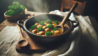Cozy table setting with sizzling vegan soup, rustic spoon, and fresh parsley, evoking warmth and comfort in a plant-based feast.