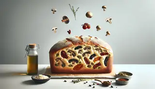 A perfectly baked Umami Bread with mushrooms, sun-dried tomatoes, and miso, sitting on a clean table, showcasing its delightful combination of flavors and textures.