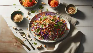 A vibrant Thai-inspired salad with purple cabbage, carrots, red bell pepper, cilantro, and green onions, topped with peanuts and crispy onions on a minimalist table.