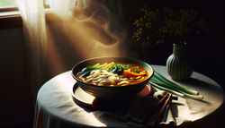 A steaming bowl of vibrant Vegan Japanese Curry Udon with green onions and sesame seeds, elegantly presented on a simple table.