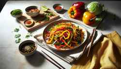 Image of a vibrant vegan stir-fry with colorful bell peppers, purple cabbage, and carrots in a glossy tangy sauce, served on a wooden table with chopsticks.