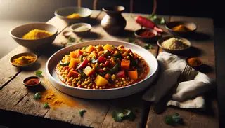 Vibrant vegan African stew with millet, sweet potatoes, bell peppers in creamy coconut sauce, elegantly served on a rustic table.