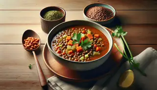 Vegan miso lentil soup in an elegant bowl on a wood table, with carrots, celery, and herbs, accompanied by a lemon wedge.