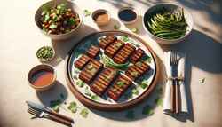 Asian spiced BBQ tempeh on a table with cilantro, hoisin sauce, and simple tableware, under a sunny sky.