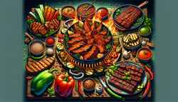 Create an image of a vibrant BBQ table scene featuring a variety of plant-based dishes. At the center, visualize a dish of marinated jackfruit, glowing with a fiery marinade and each fiber coated in spice, ready to be eaten. Surrounding that, depict slices of grilled seitan with a charred, rich, smoky taste. Also, illustrate an assortment of colorful marinated vegetables like bell peppers, zucchini, and mushrooms, all beautifully grilled and bursting with bold flavors. Adorn the table with fresh herbs and sprinkle the image with sesame seeds for a crunchy, nutty touch. Let it evoke the enticing smoky, spicy elements of the marinade promising a truly memorable vegan BBQ experience.