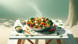 Minimalistic vegan picnic with steamed vegetables and marinated tofu on quinoa, garnished with cilantro, slight steam visible, set against a clean outdoor backdrop.