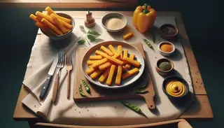 Vegan Polenta Fries: Golden, crispy Italian-inspired snack on a simple, inviting table setting