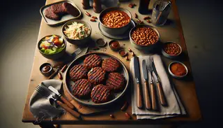 Vegan barbecue feast with textured vegetable protein resembling minced meat, served with coleslaw and baked beans on a rustic table setting.