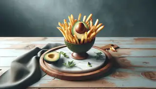 Crispy avocado fries on clean table, highlighting creamy texture, perfect vegan finger food for sharing or solo indulgence.