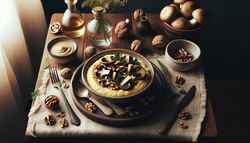 Rustic vegan Wild Mushroom and Walnut Polenta served in an elegant bowl, on a woodsy-themed brunch table with minimal decor and a cozy ambiance.