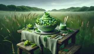 Visualize a table set in an open, serene grassy meadow. In the center of the table, a vibrant bowl captures the spotlight, filled with a uniquely green dessert. This Vegan treat is an interesting concoction of fresh spinach, frozen green grapes, creamy avocado, and a hint of tangy lime. The dessert’s smooth and creamy texture is emphasized by the subtle sweetness from the maple syrup and the richness of coconut milk. A scattering of fresh mint leaves around the dish adds to the picture, representing the refreshing natural essence. There are no humans or text in the image - just the exquisite representation of nature through this artistry of the grassy dessert.