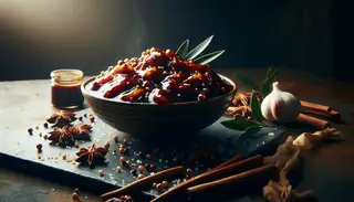 Vibrant, textured sticky marinade dish on a clean table, showcasing savory-sweet harmony, inviting culinary delight.