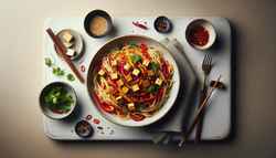 Image of Vegan Szechuan Peppercorn Spaghetti: Features golden tofu cubes, red bell pepper slices, and garnish of cilantro and sesame seeds on a stylish table with chopsticks.