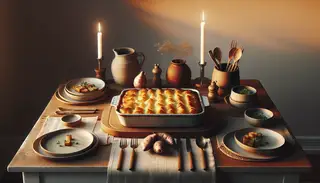 Vegan Asian-Inspired Shepherd's Pie on a clean table, featuring golden-crisp sweet potato topping, with simple linen napkin and wooden cutlery, under warm light.