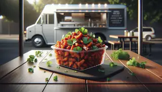 Minimalistic table setup with Candied Vegan BBQ Jackfruit in an elegant container, highlighting caramelized edges and meat-like texture, against a subtle food truck backdrop.