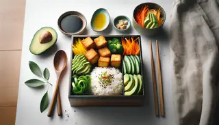 Elegant vegan bento box on a minimalist table, featuring glossy sushi rice, golden tofu, fresh veggies, and a unique soy sauce blend.