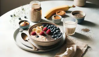 Serene morning breakfast scene with oatmeal, berries, banana, almond butter, chia seeds, and almond milk on a minimalist table