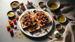 Minimalist image of toasted bread slices topped with cherry tomatoes, olives, onions, garlic, capers, basil, drizzled with balsamic vinegar and olive oil on a clean table.