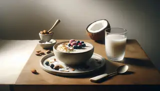 Elegant vegan coconut rice pudding in a bowl, garnished with coconut flakes, almonds, and berries, beside a glass of coconut water on a wooden table.