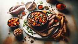 A vibrant West African Groundnut Stew centerpiece on a simple table, surrounded by fresh ingredients and a rustic wooden spoon.