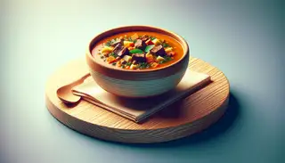 African-style hearty soup on a clean table, vibrant colors and textures, inviting ambiance.