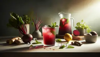 Clear glass of vibrant red beetroot ginger lemonade with ice and mint, alongside raw beetroots, ginger, and lemon, on a minimalist table with a neutral backdrop.