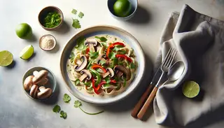 Image of Vegan Creamy Mushroom Street Noodles in a minimalist setting, featuring glossy noodles with shiitake mushrooms, red bell pepper, baby spinach, and cilantro, accompanied by lime wedges.
