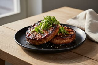 Grilled Lion's Mane mushroom steaks with a sticky gochujang-bourbon glaze and scallion gremolata on a matte black plate in soft sunlight.