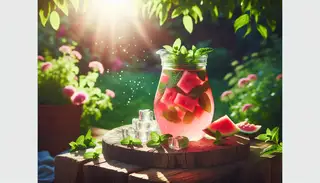 Imagine a vibrant summer scene featuring a rustic wooden drink table set outside under bright sunlight. A glass pitcher, filled to the brim with pink-hued Watermelon Mint Lemonade, sits proudly at the center of the table. Scattered around the pitcher are a few sprigs of fresh, bright green mint leaves. Ice cubes glisten in the sunlight on the table, adding a subtle sparkling element to the charm of this tranquil setting. Lush greenery surrounds you, and the ambiance radiates a sense of relaxation and enjoyment. This tranquil scene is centered around the beauty and simplicity of nature and the refreshing essence of a homemade summer drink.