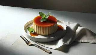 Vegan coconut rum flan with caramel sauce on a white plate, mint garnish, minimalist setting, natural light.