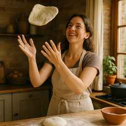 Isabella in a cozy, sunlit kitchen, tossing vegan pizza dough in a rustic setting.
