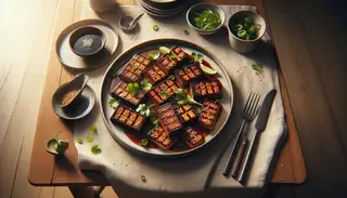 Image of an Asian BBQ Tempeh Feast: Charred tempeh slices glazed with hoisin, garnished with cilantro, green onions, and sesame seeds, on a minimalist table setting under soft lighting.