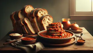 Realistic image of thick vegan bread slices soaked in vibrant tomato sauce with herbs, nutritional yeast topping, in a cozy dining setting.