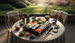 A serene outdoor vegan sushi picnic with a box of sushi rolls made of rice, avocado, cucumber, carrot, radish, tofu, wasabi, soy sauce, and ginger in a tranquil park.