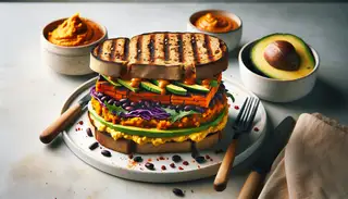 Vegan African Fusion Sandwich on a simple table, featuring toasted multigrain bread, sweet potato, black beans, avocado, red cabbage, arugula, and spicy mayo.
