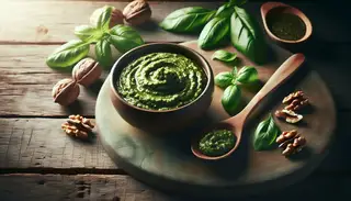 Image of vegan walnut pesto in a simple bowl on a rustic wooden table, surrounded by basil leaves, walnuts, and a wooden spoon, lit by natural sunlight to highlight its fresh, green color.