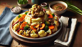 Vegan dinner setting with fluffy mashed potatoes and roasted veggies under mushroom gravy, on a rustic table in natural light.