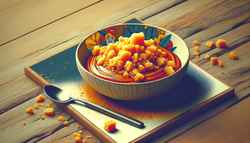An enticing vegan African sauce, with a crumbly texture and vibrant colors, sits on a rustic wooden table, beckoning to be savored.