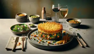 Image of a vegan Shepherd's Pie with crispy wasabi-parsnip crust, served with vegan wine and salad in a cozy gastro pub setting.