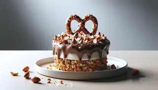 Indulge in a heavenly dessert with a pretzel crust, dairy-free chocolate, roasted peanuts, and a sprinkle of sea salt on a clean, simple table.