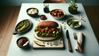 A tempting vegan BBQ Jackfruit Sandwich on a minimalist table setting, showcasing smoky jackfruit and tangy BBQ sauce.