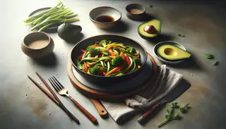 Asian-inspired vegan breakfast in a skillet, with avocado slices on a simple table, highlighting fresh and vibrant colors against a neutral background.