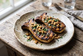 Charred King Oyster Steaks with Burnt Leek Marinade Grilled King Oyster mushroom steaks with a dark balsamic marinade and walnut garnish on a rustic plate and wooden table.