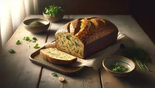 Golden-brown vegan herb bread on a wooden table, sprinkled with sesame seeds, cut open to reveal basil, cilantro, and ginger, beside fresh herbs on a ceramic plate, in natural light.