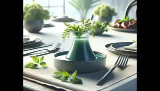 A vibrant and tangy vegan BBQ sauce in a stylish dish, garnished with fresh herbs on a serene, minimalist table setting.