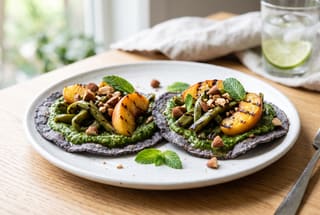 Blue corn tostadas topped with grilled cactus, charred peaches, and bright green herb salsa on a white plate in natural light.