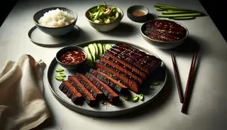Image of a moist, grilled vegan seitan brisket with char marks, sliced and served on a stylish plate with a side of sesame rice, in a minimalist, naturally-lit setting.
