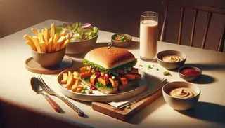 A beautifully styled table with a BBQ Jackfruit Sandwich as the centerpiece, accompanied by colorful side dishes in a cozy setting.