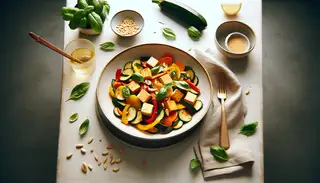 Vegan Thai Basil Stir-Fry with tofu and rainbow vegetables on a minimalist table, highlighted by natural light, showcasing vibrant colors and fresh basil garnish.