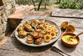 Gran Piatto di Mare dell Orto A vegan seafood-style platter with golden fried vegetables and yellow saffron aioli on a rustic wooden table in natural light.